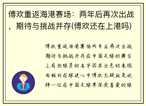 傅欢重返海港赛场：两年后再次出战，期待与挑战并存(傅欢还在上港吗)