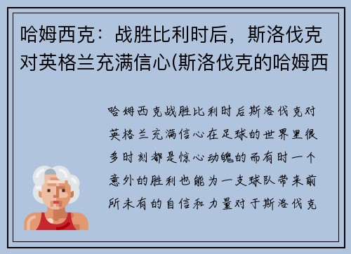 哈姆西克：战胜比利时后，斯洛伐克对英格兰充满信心(斯洛伐克的哈姆西克)