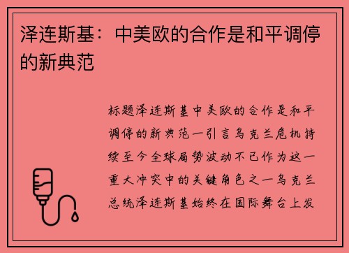 泽连斯基：中美欧的合作是和平调停的新典范