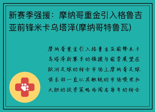 新赛季强援：摩纳哥重金引入格鲁吉亚前锋米卡乌塔泽(摩纳哥特鲁瓦)