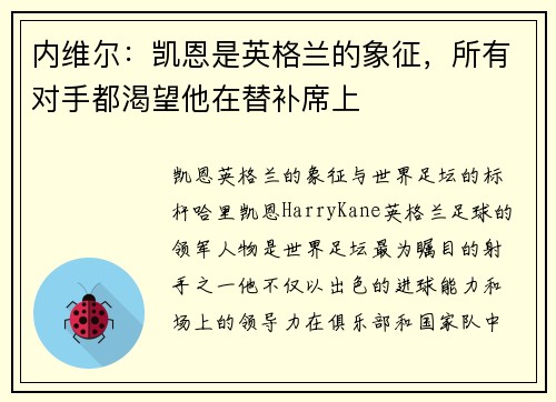 内维尔：凯恩是英格兰的象征，所有对手都渴望他在替补席上