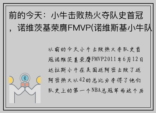 前的今天：小牛击败热火夺队史首冠，诺维茨基荣膺FMVP(诺维斯基小牛队友)